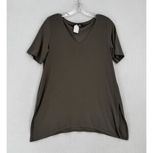 Sympli Womens Olive Green Stretch V Neck Short Sleeve Tunic Top Sz 10